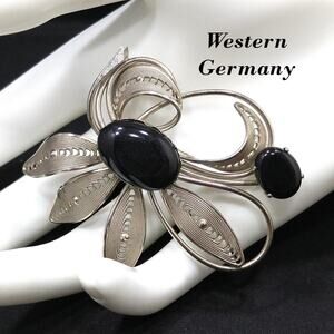 Western Germany Black & Silver Floral Brooch, Black Glass Cabochons, 1950s